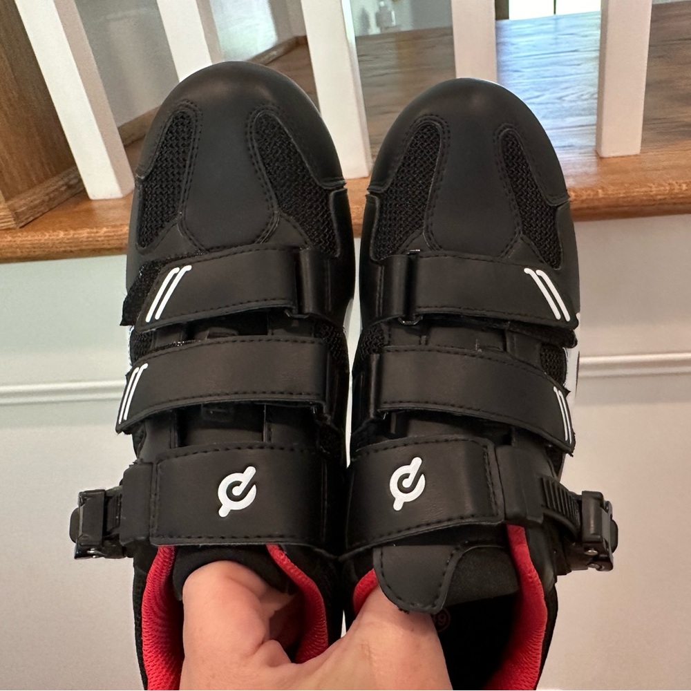 Peloton Black Cycling Shoes with Red Lining and White Accents